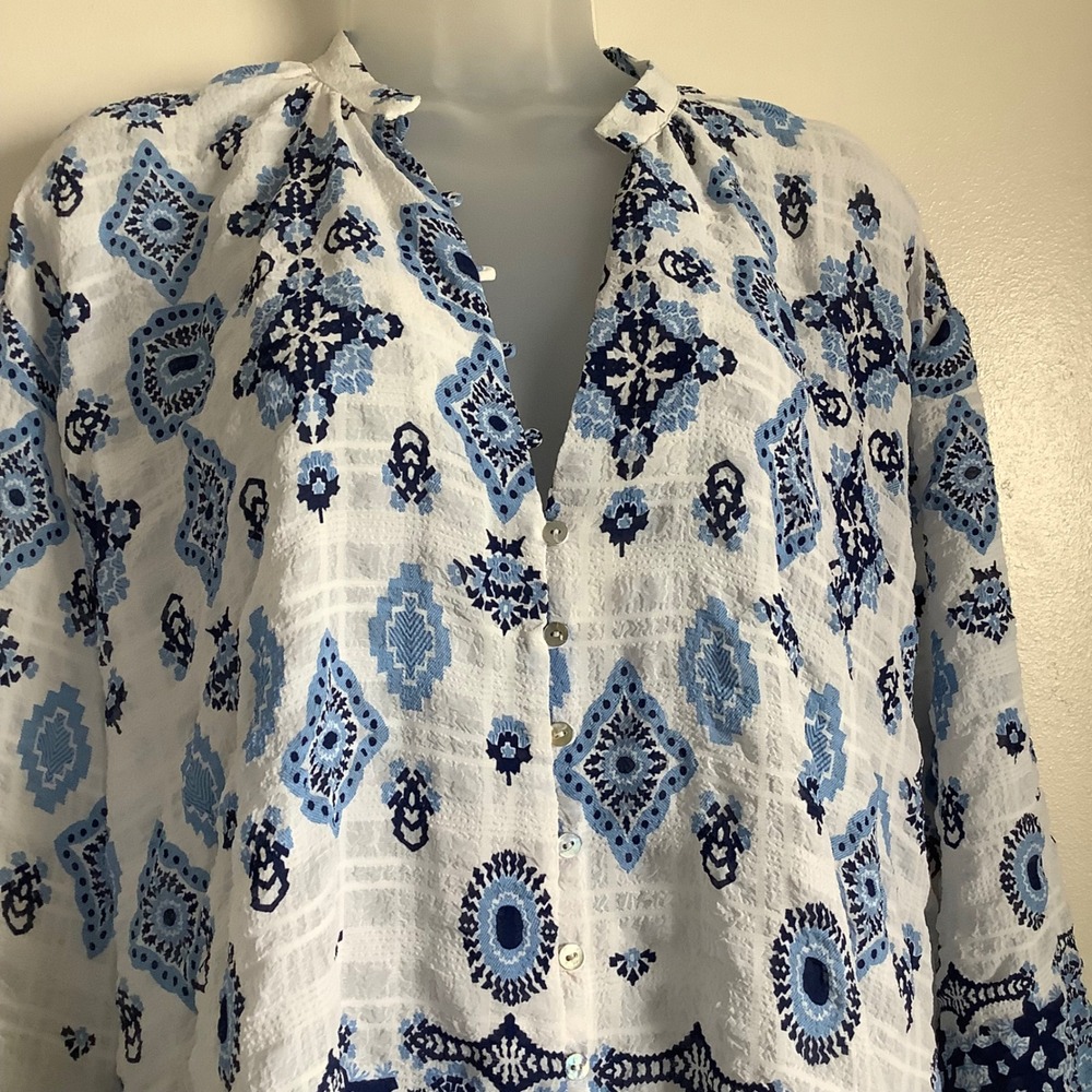Zara‎ Blue White Medallion Print Button Front Blouse Textured Long Sleeve Top M